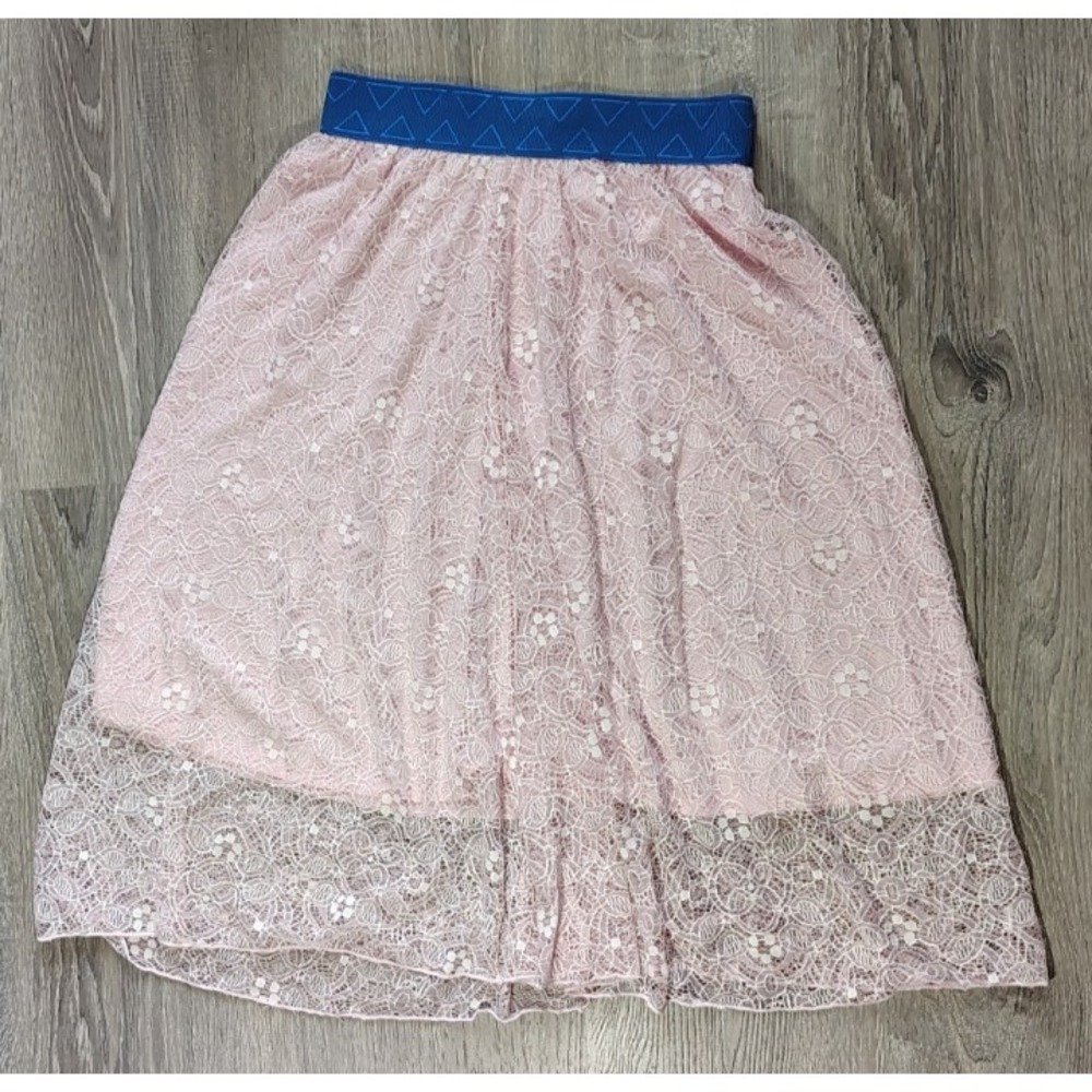 LuLaRoe Womens Size XS Lola Skirt Light‎ Pink Floral Lace Blue Waistband Lined